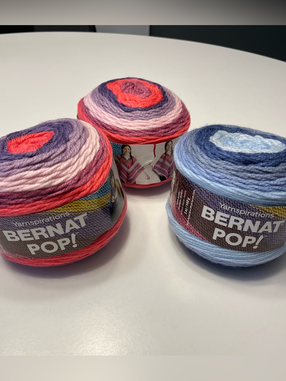 Bernat Pop Yarn, Lot Of 3, 2 Violet Vision #84007 & 1 Blue Chambray #84017
